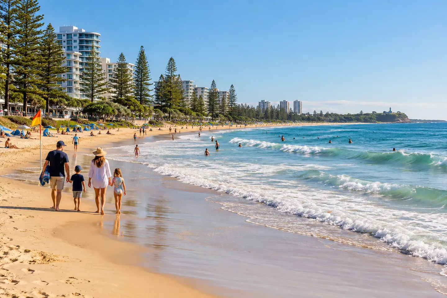 Morning swimmers and families at Mooloolaba Beach in Mooloolaba