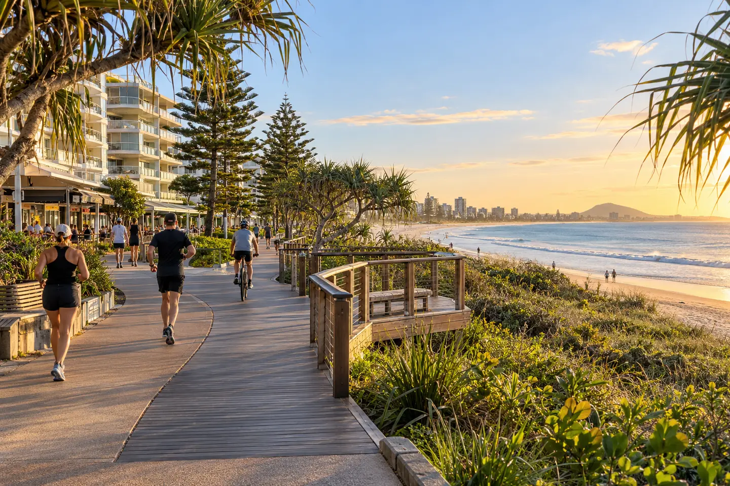 Mooloolaba foreshore pathway beside the beach at sunrise