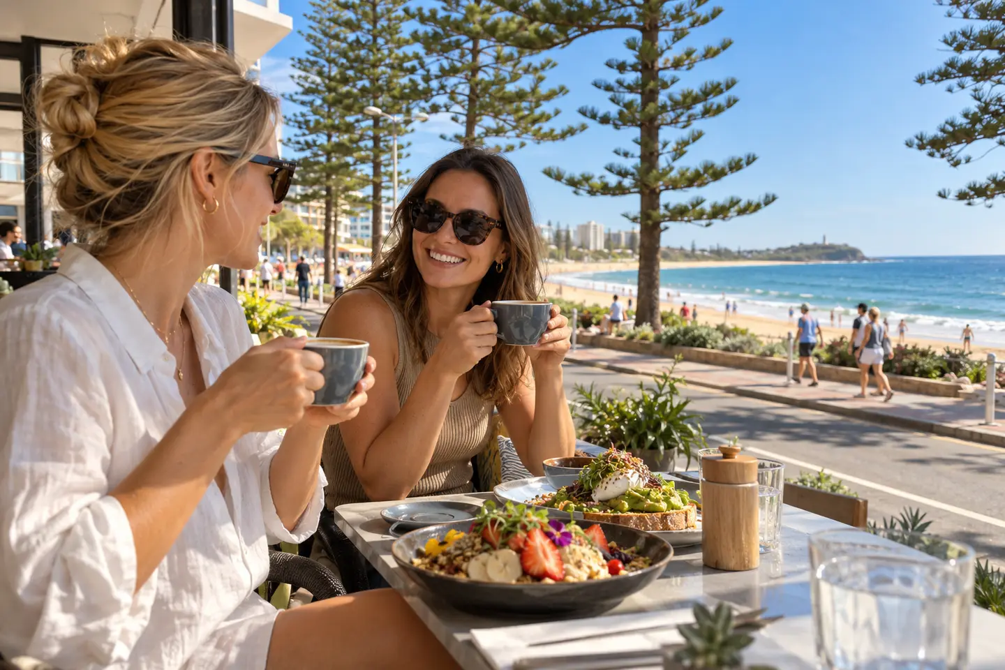 Café brunch overlooking Mooloolaba Beach from the Esplanade