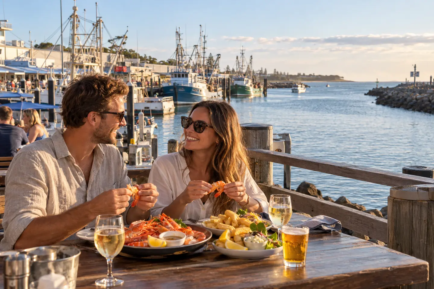 A couple sharing fresh Mooloolaba prawns beside the working harbour